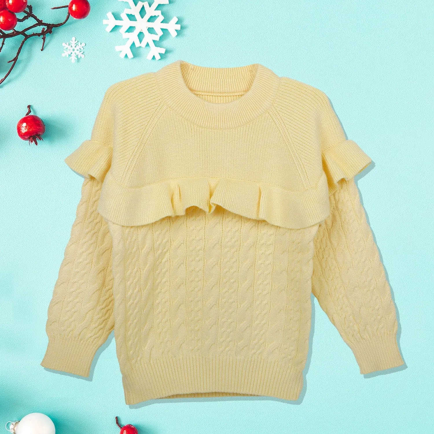 Ruffled Jumper Solid Premium Full Sleeves Braided Knit Sweater - Yellow