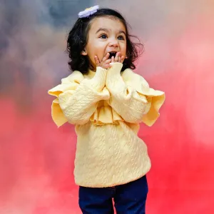 Ruffled Jumper Solid Premium Full Sleeves Braided Knit Sweater - Yellow