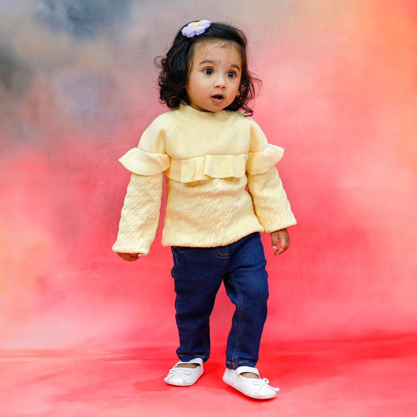 Ruffled Jumper Solid Premium Full Sleeves Braided Knit Sweater - Yellow