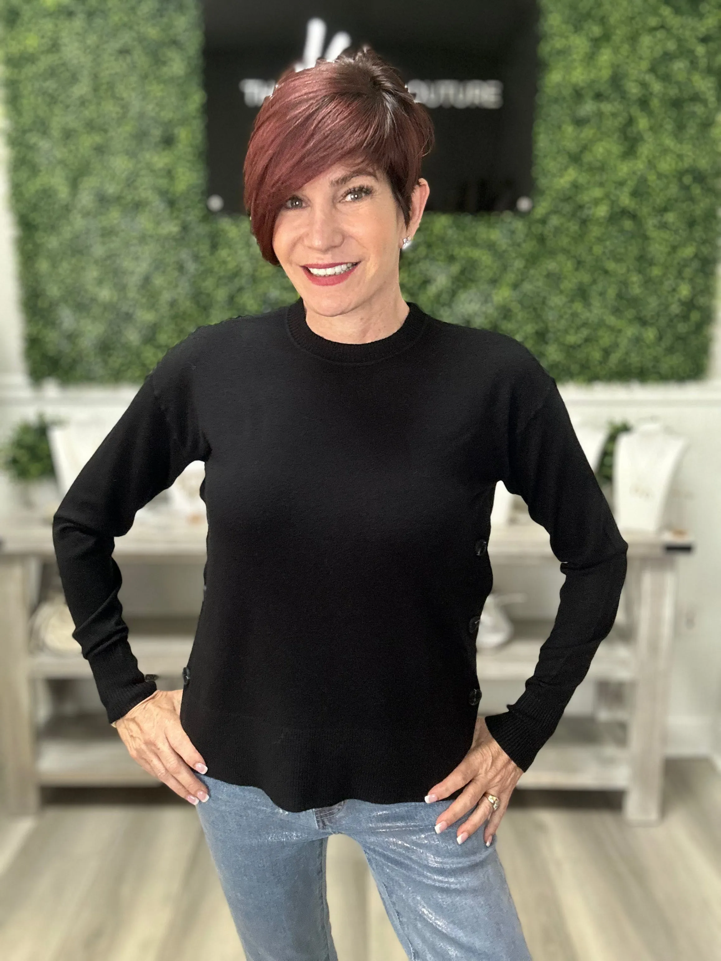 Side Button Crew Neck Sweater