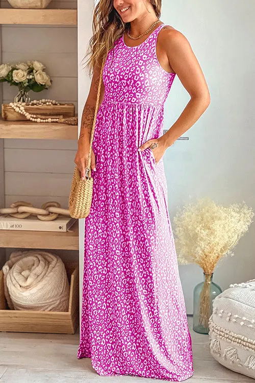 Sleeveless High Waist Pockets Maxi Leopard Dress