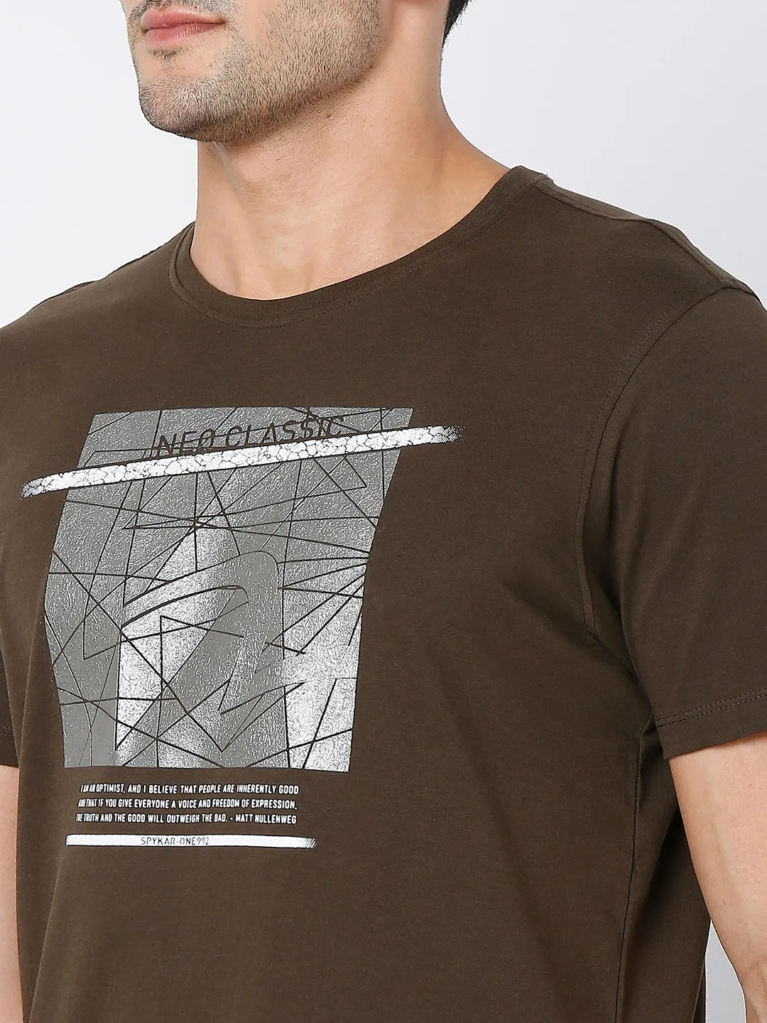 Spykar Military Olive Cotton Half Sleeve Printed Casual T-Shirt For Men