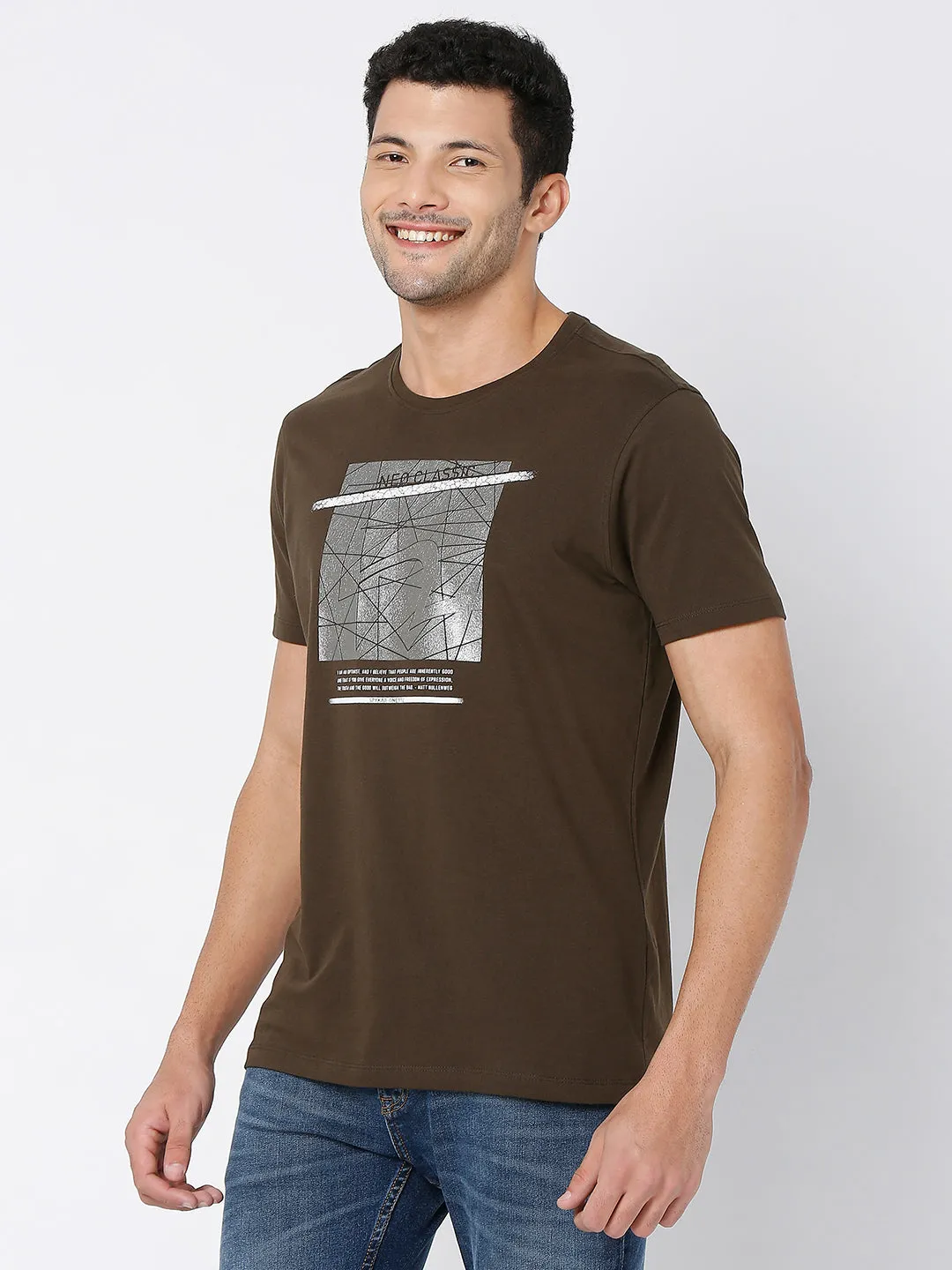 Spykar Military Olive Cotton Half Sleeve Printed Casual T-Shirt For Men