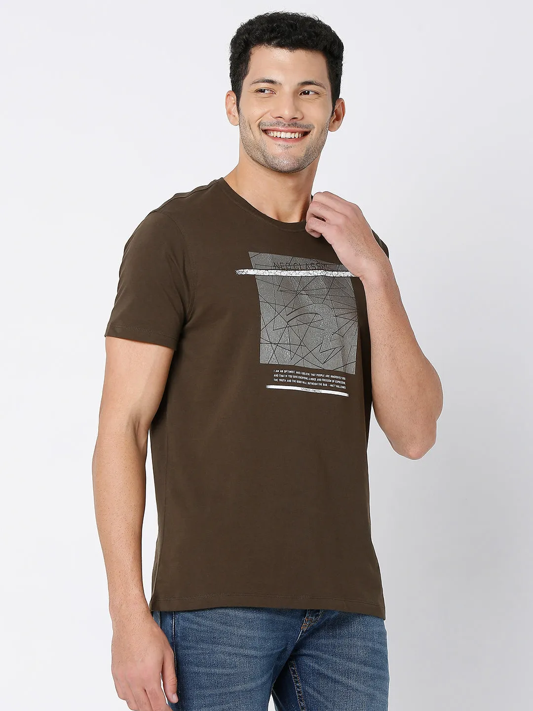 Spykar Military Olive Cotton Half Sleeve Printed Casual T-Shirt For Men