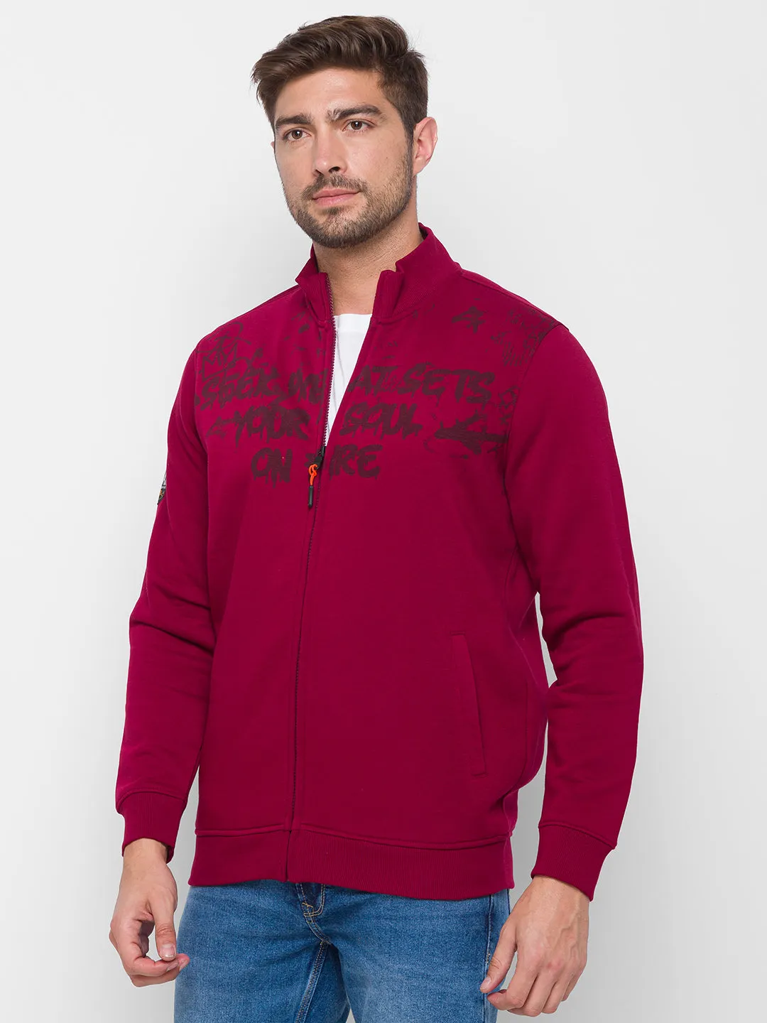 Spykar Purple Cotton Regular Fit Sweatshirt For Men