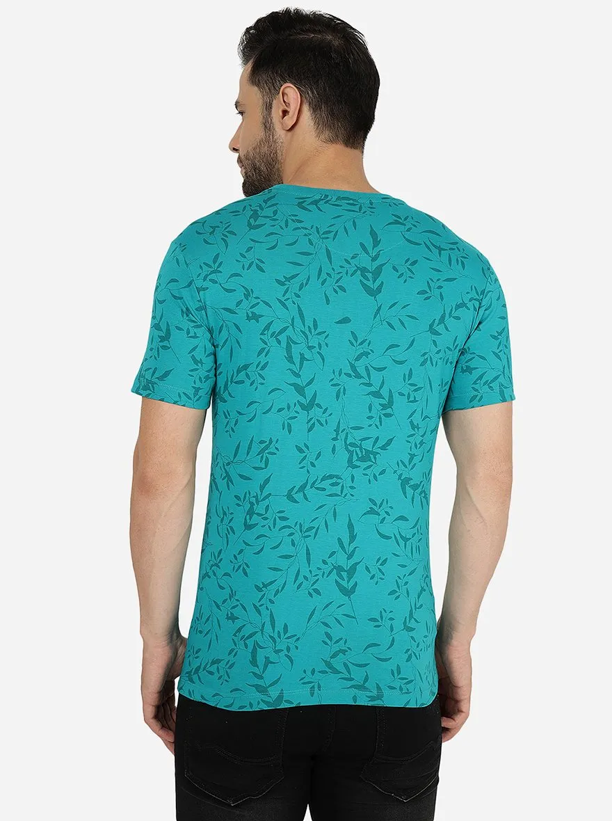 Teal Blue Printed Slim Fit T-Shirt | Greenfibre