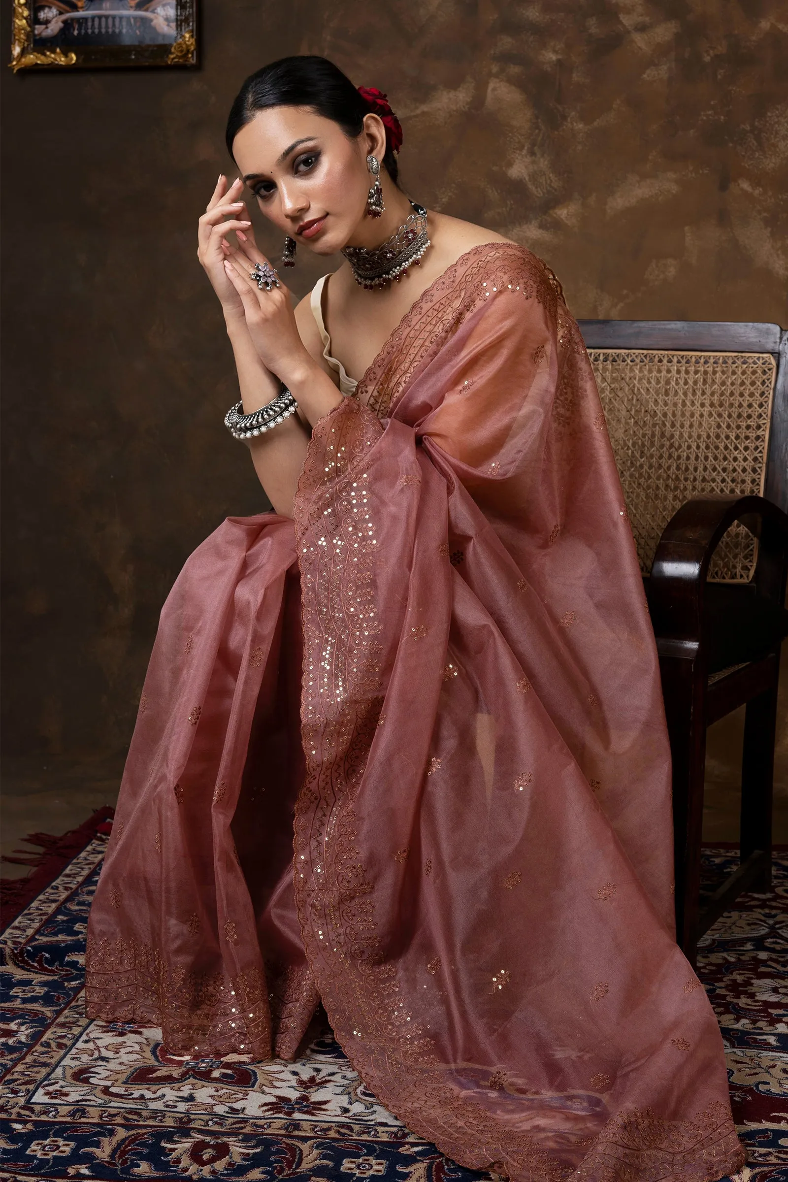 Teejh Chavvi Brown Sequin Embroidery Organza Saree