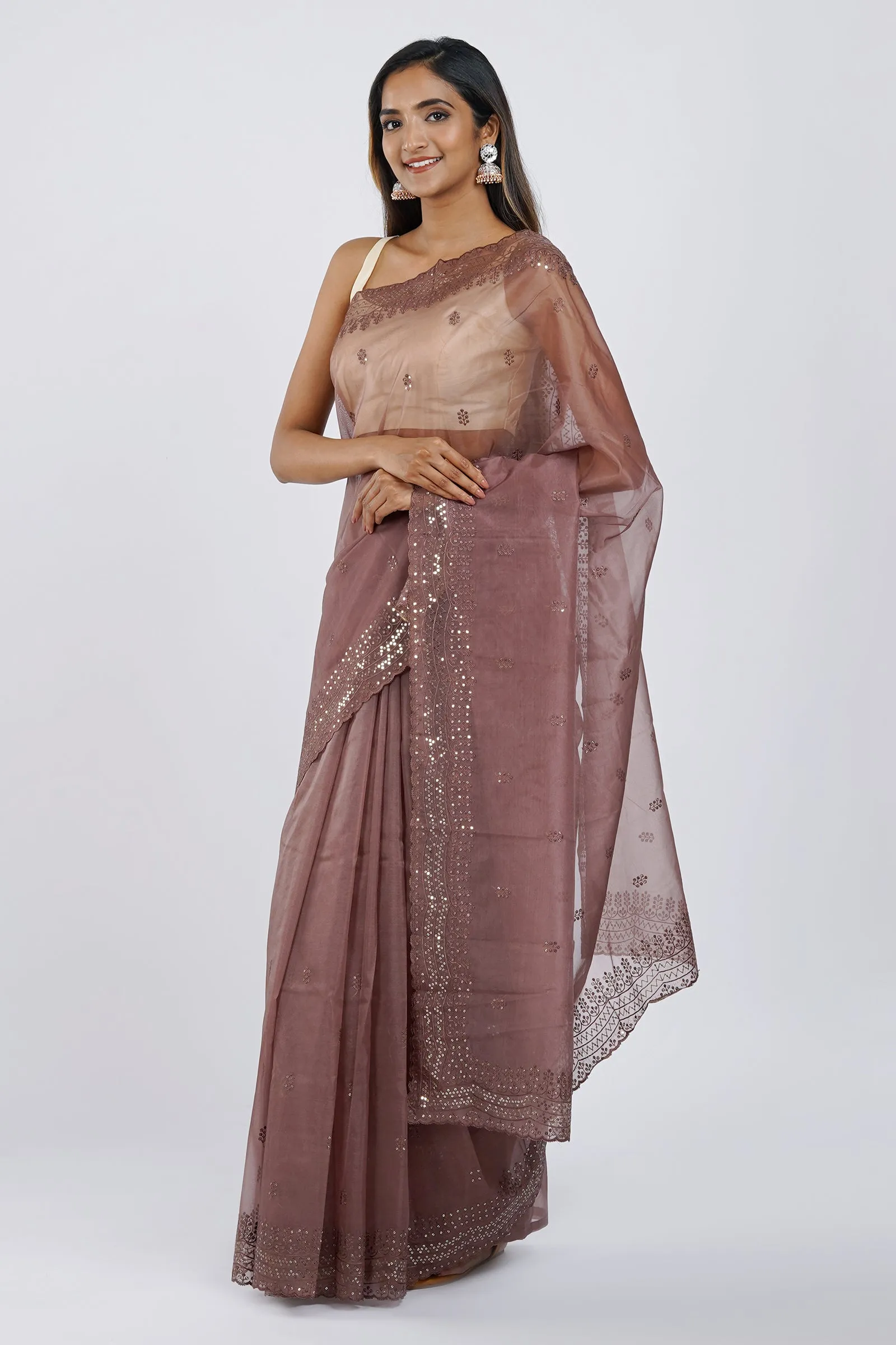 Teejh Chavvi Brown Sequin Embroidery Organza Saree