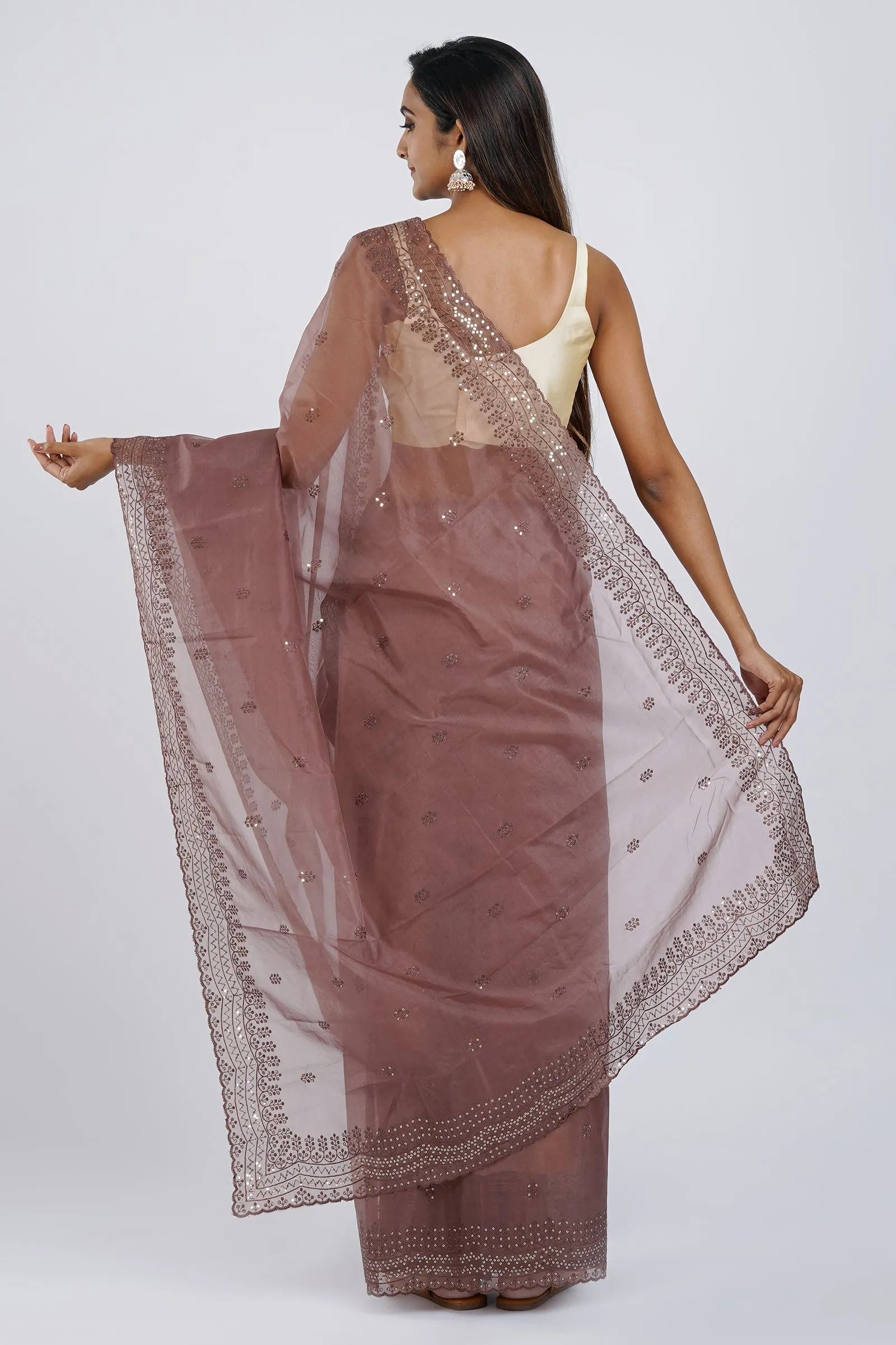 Teejh Chavvi Brown Sequin Embroidery Organza Saree