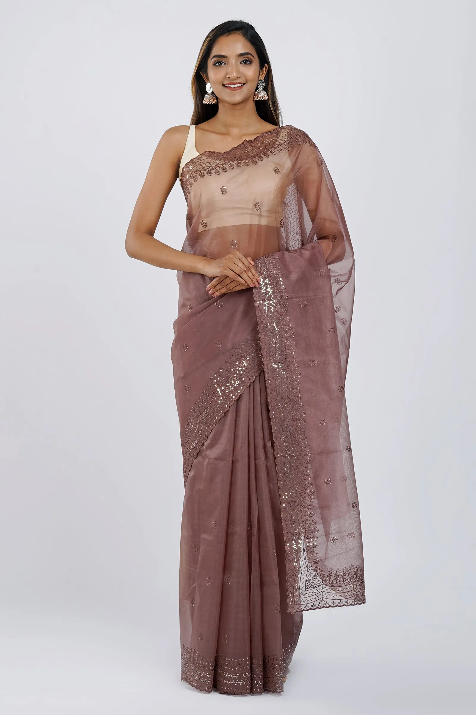 Teejh Chavvi Brown Sequin Embroidery Organza Saree