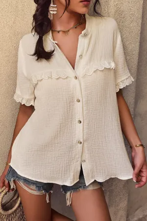 Textured Lace Trim Button Down Shirt