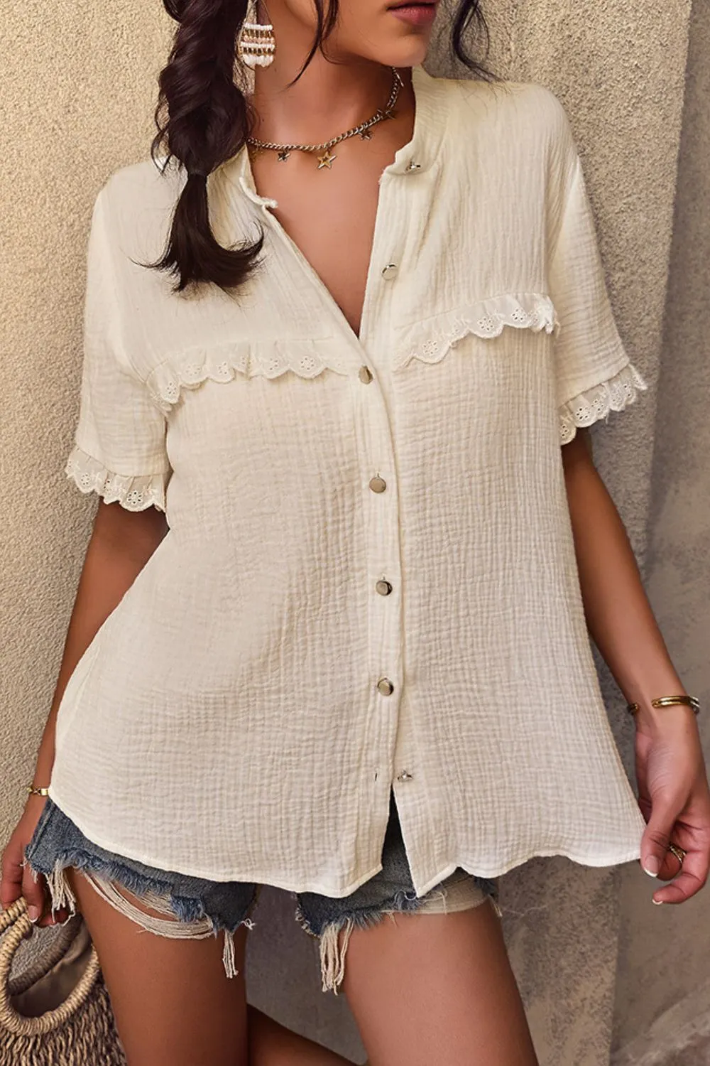 Textured Lace Trim Button Down Shirt
