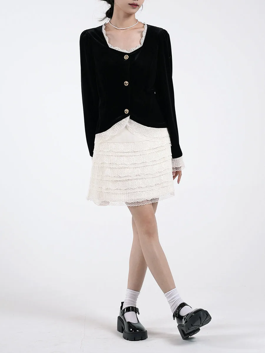Velvet Top & Lace Skirt Two-Piece Set