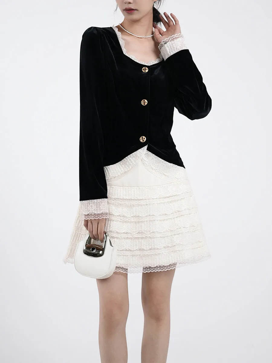 Velvet Top & Lace Skirt Two-Piece Set
