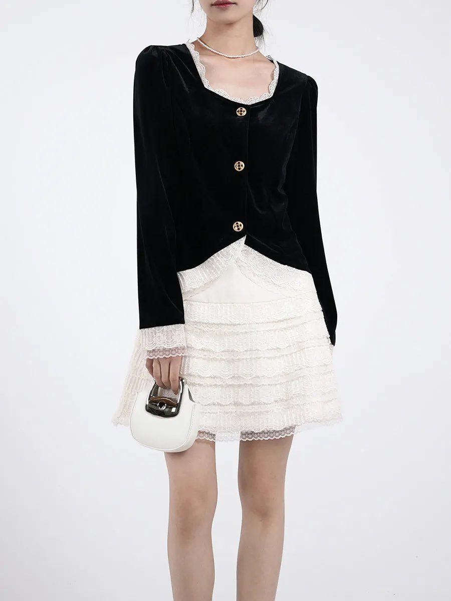 Velvet Top & Lace Skirt Two-Piece Set
