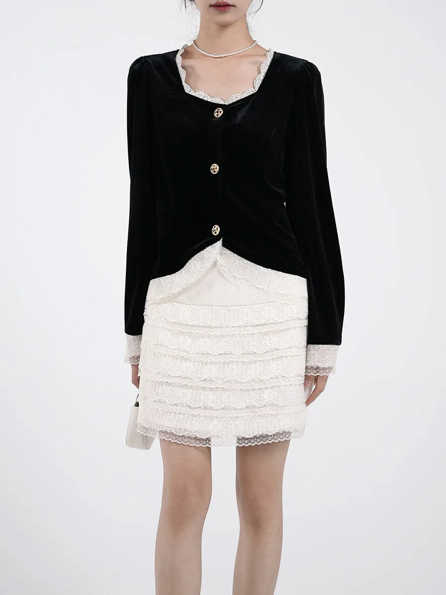 Velvet Top & Lace Skirt Two-Piece Set