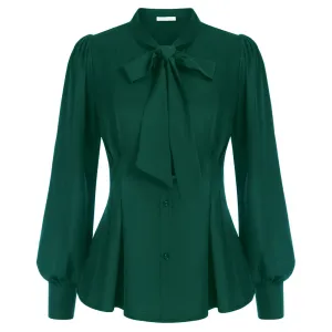 Vintage Defined Waist Long Sleeve Bow-Knot Decorated Shirts