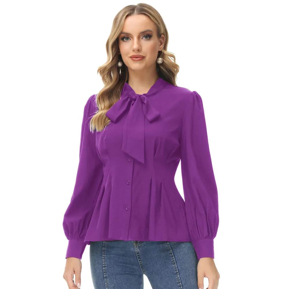 Vintage Defined Waist Long Sleeve Bow-Knot Decorated Shirts