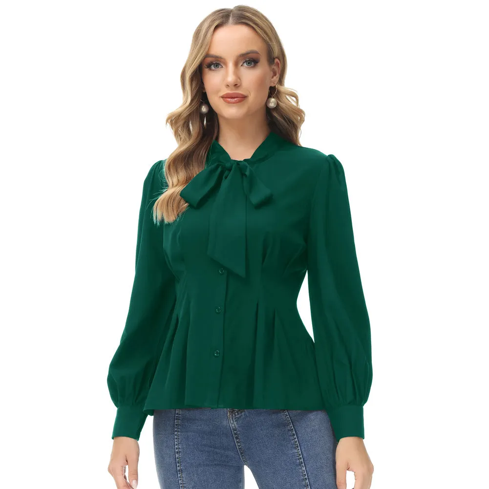 Vintage Defined Waist Long Sleeve Bow-Knot Decorated Shirts