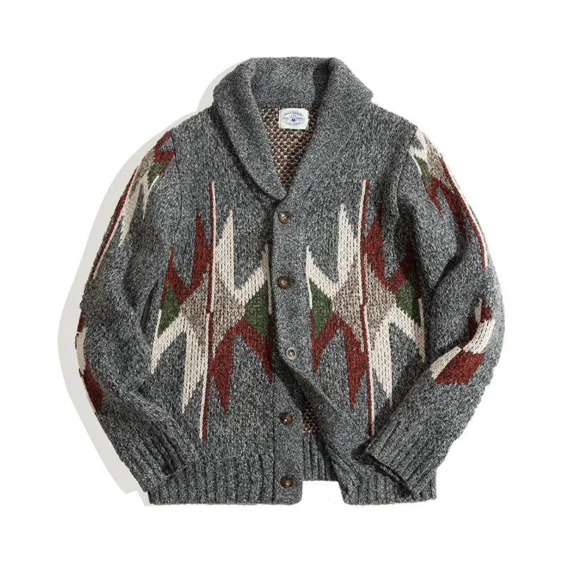 Vintage Geometric Pattern Knitted Cardigan Sweater for Men - Oversized V-neck