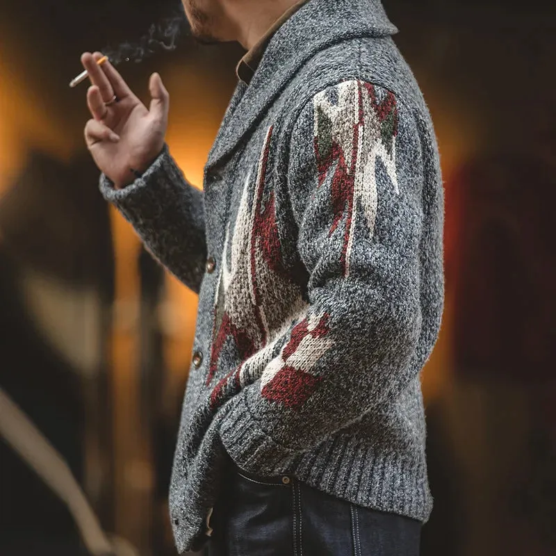 Vintage Geometric Pattern Knitted Cardigan Sweater for Men - Oversized V-neck