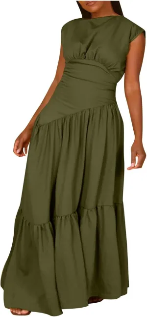 Womens Solid Round Neck Long Sleeved Patchwork Long Skirt is Fashionable and Womens Dresses with Short Sleeves