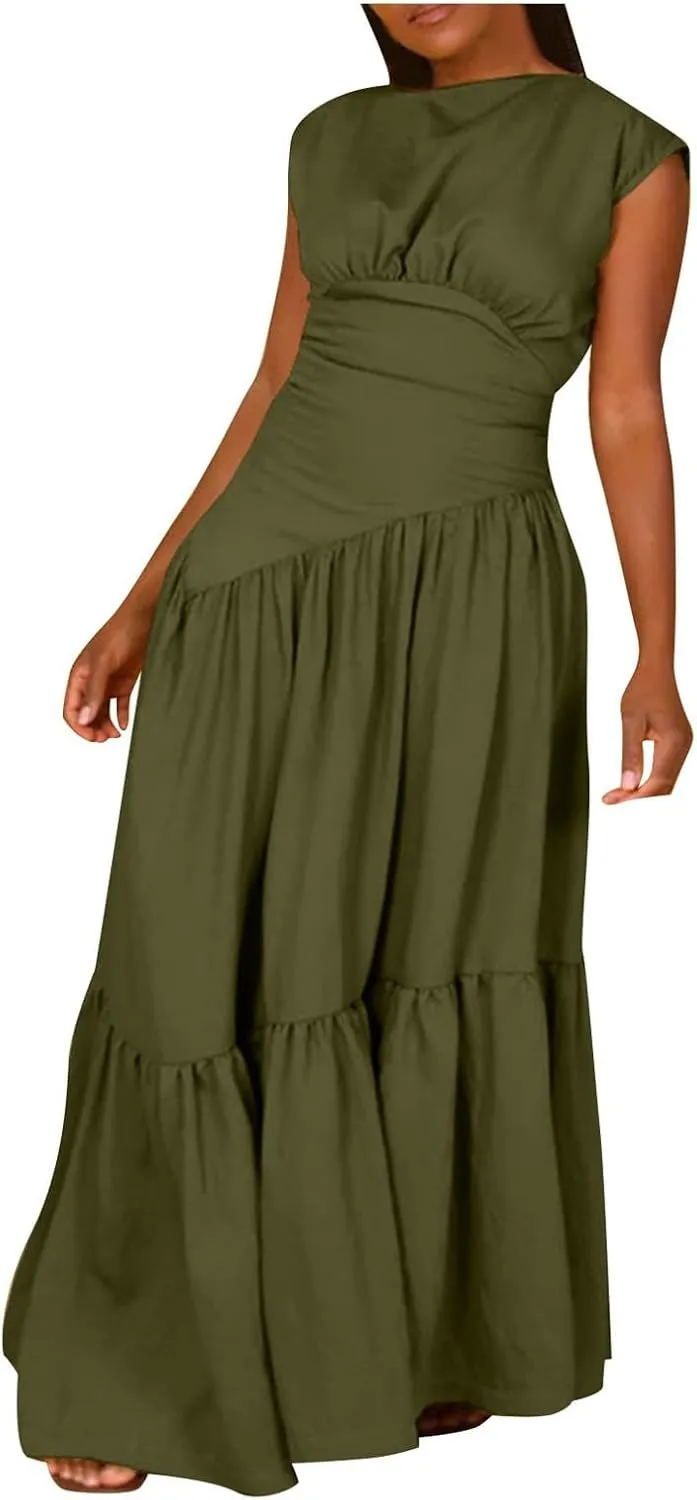 Womens Solid Round Neck Long Sleeved Patchwork Long Skirt is Fashionable and Womens Dresses with Short Sleeves