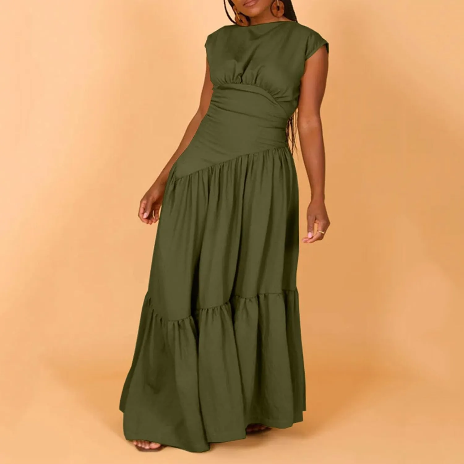Womens Solid Round Neck Long Sleeved Patchwork Long Skirt is Fashionable and Womens Dresses with Short Sleeves