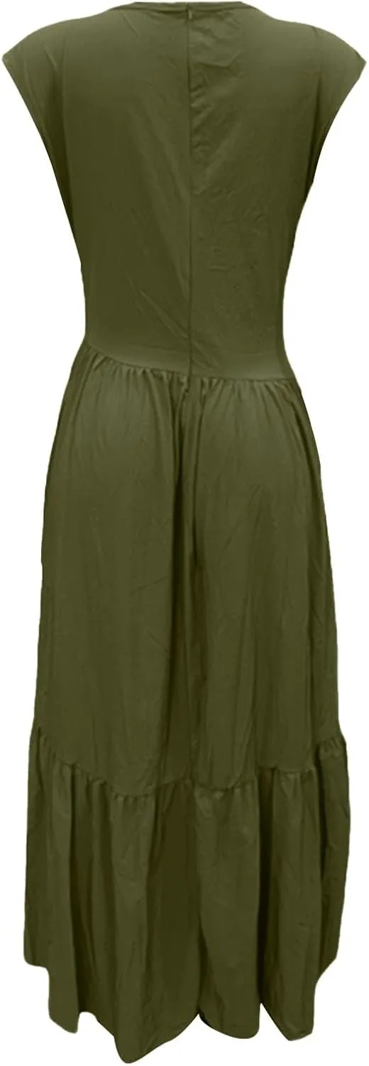 Womens Solid Round Neck Long Sleeved Patchwork Long Skirt is Fashionable and Womens Dresses with Short Sleeves