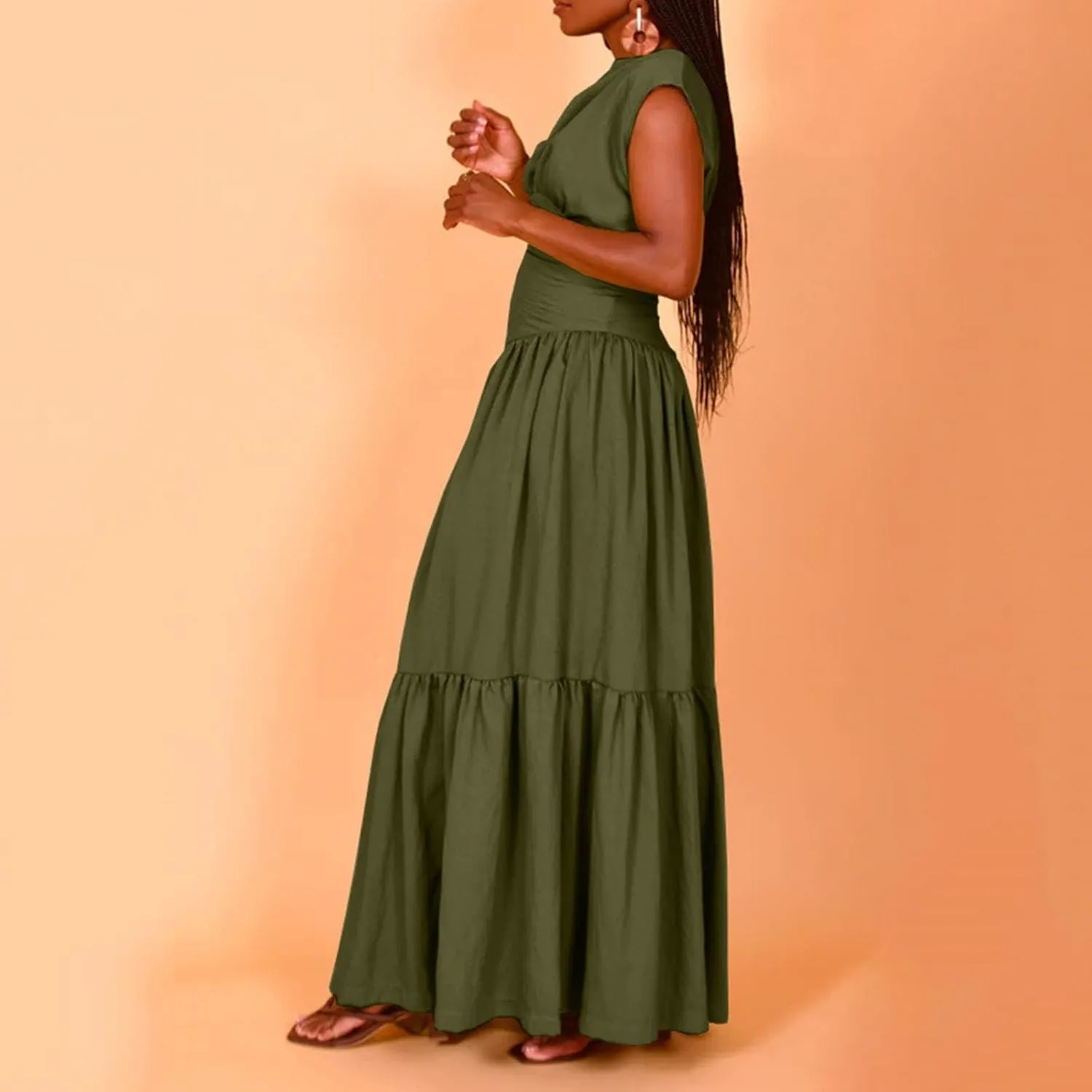 Womens Solid Round Neck Long Sleeved Patchwork Long Skirt is Fashionable and Womens Dresses with Short Sleeves