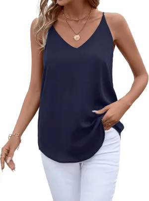 Womens V Neck Spaghetti Strap Tank Tops Dressy Casual Camisole Blouses Sleeveless Loose Cami Basic Tank Shirt